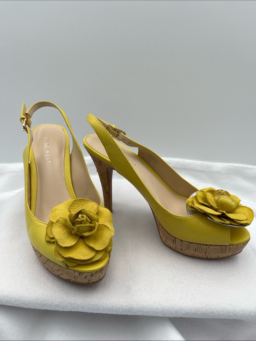 Nine West Bright Yellow Floral Slingback Wedge Heels